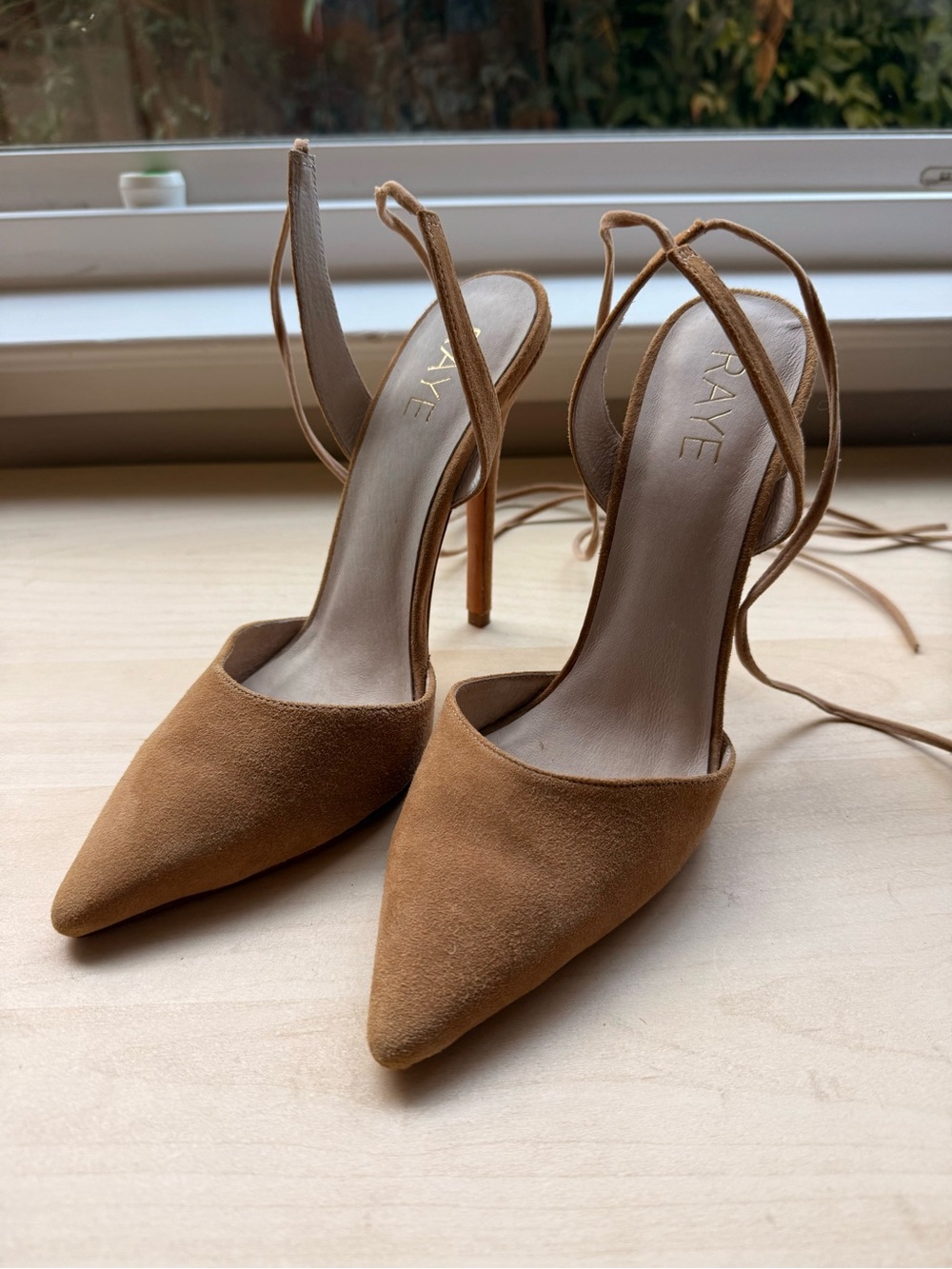 RAYE Tan Suede Stiletto Lace-Up Heels